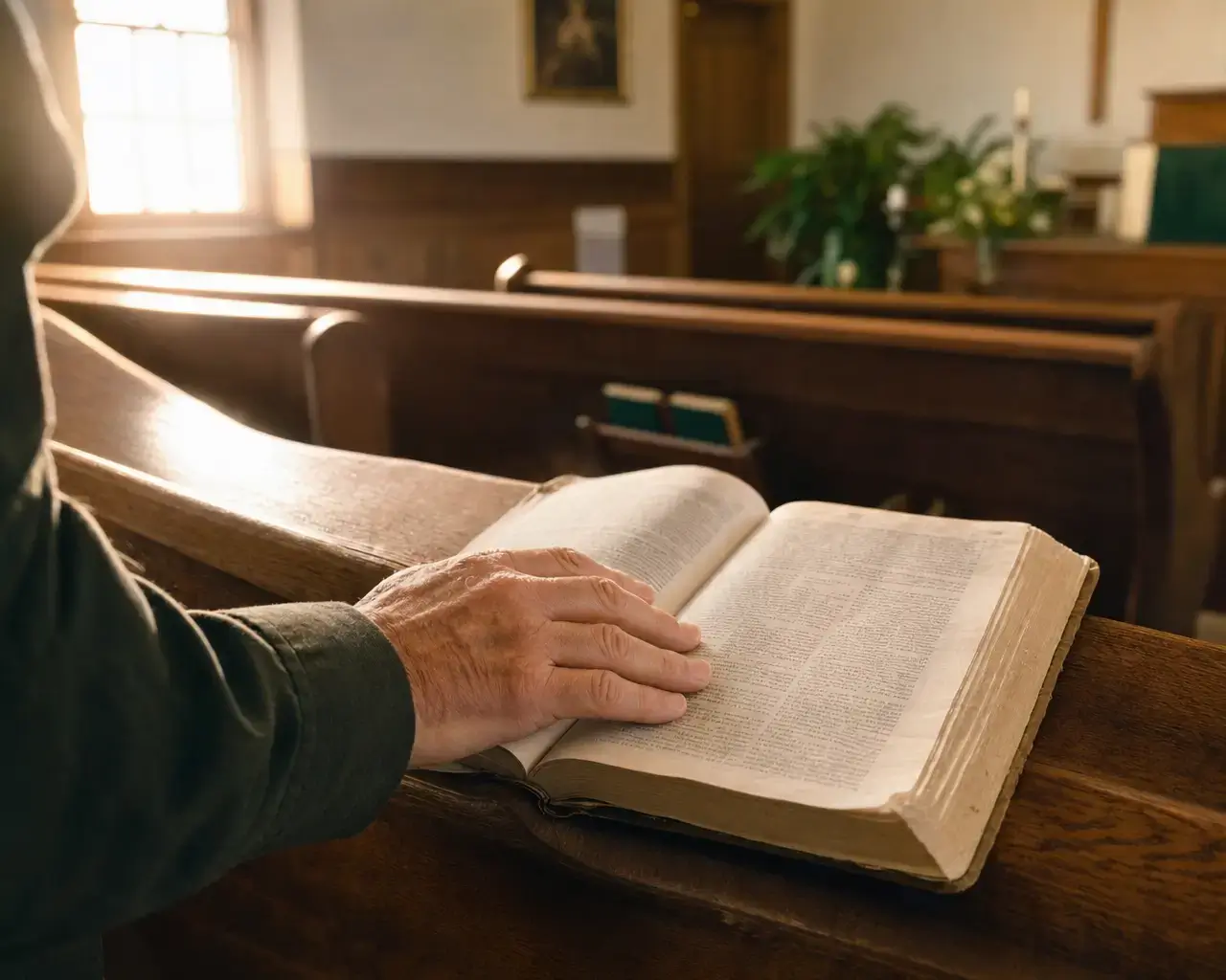 A hand resting on an open, well-worn Bible on a wooden church pew in warm morning light